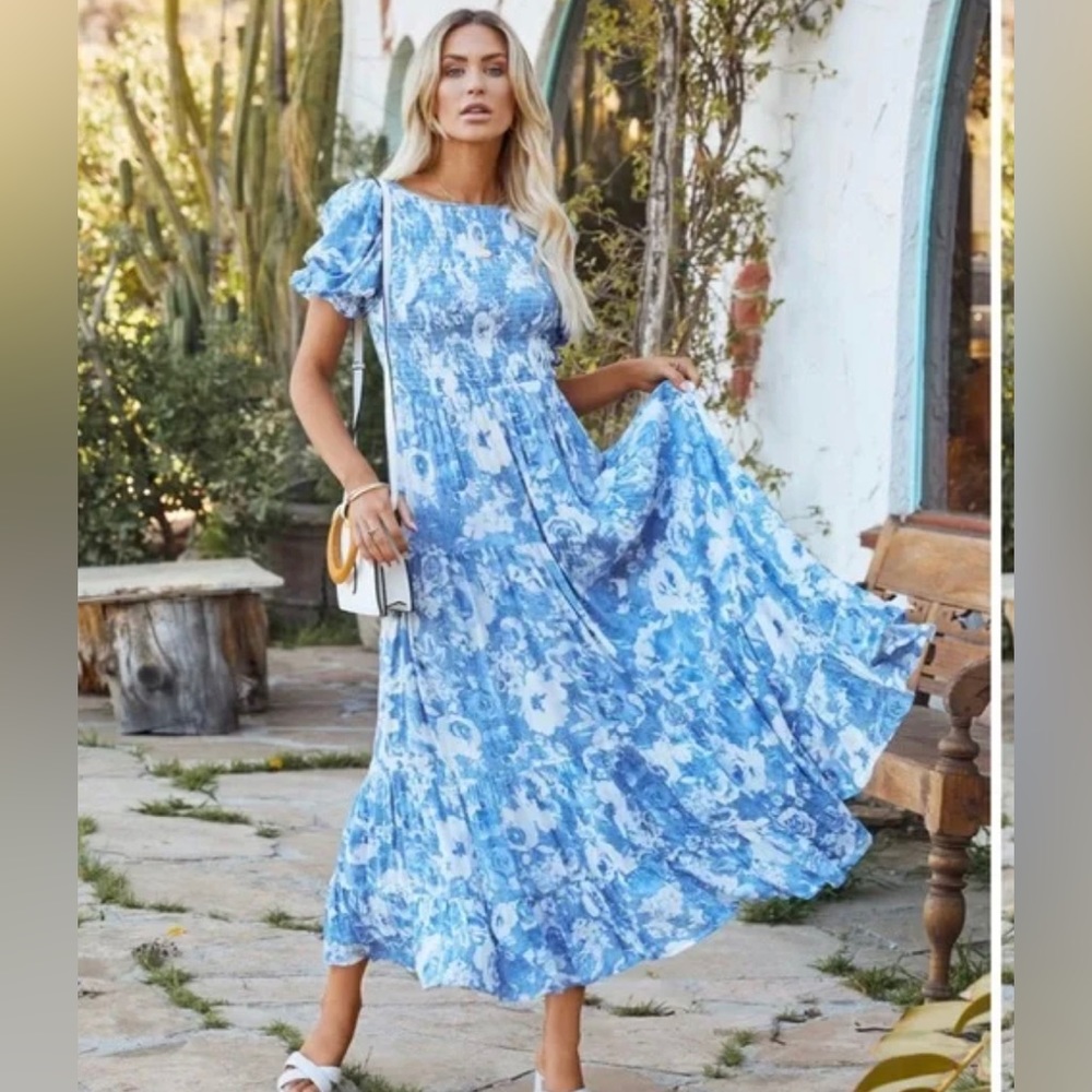 Vici On Cloud Nine Floral Smocked Puff Sleeve Midi Dress